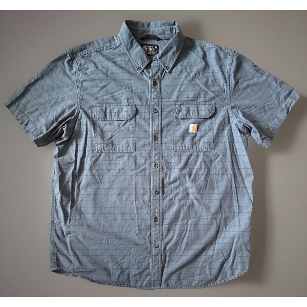 Carhartt Short Sleeve Button Up Shirt Blue Striped Pocket Logo Work 2XLT JBHS